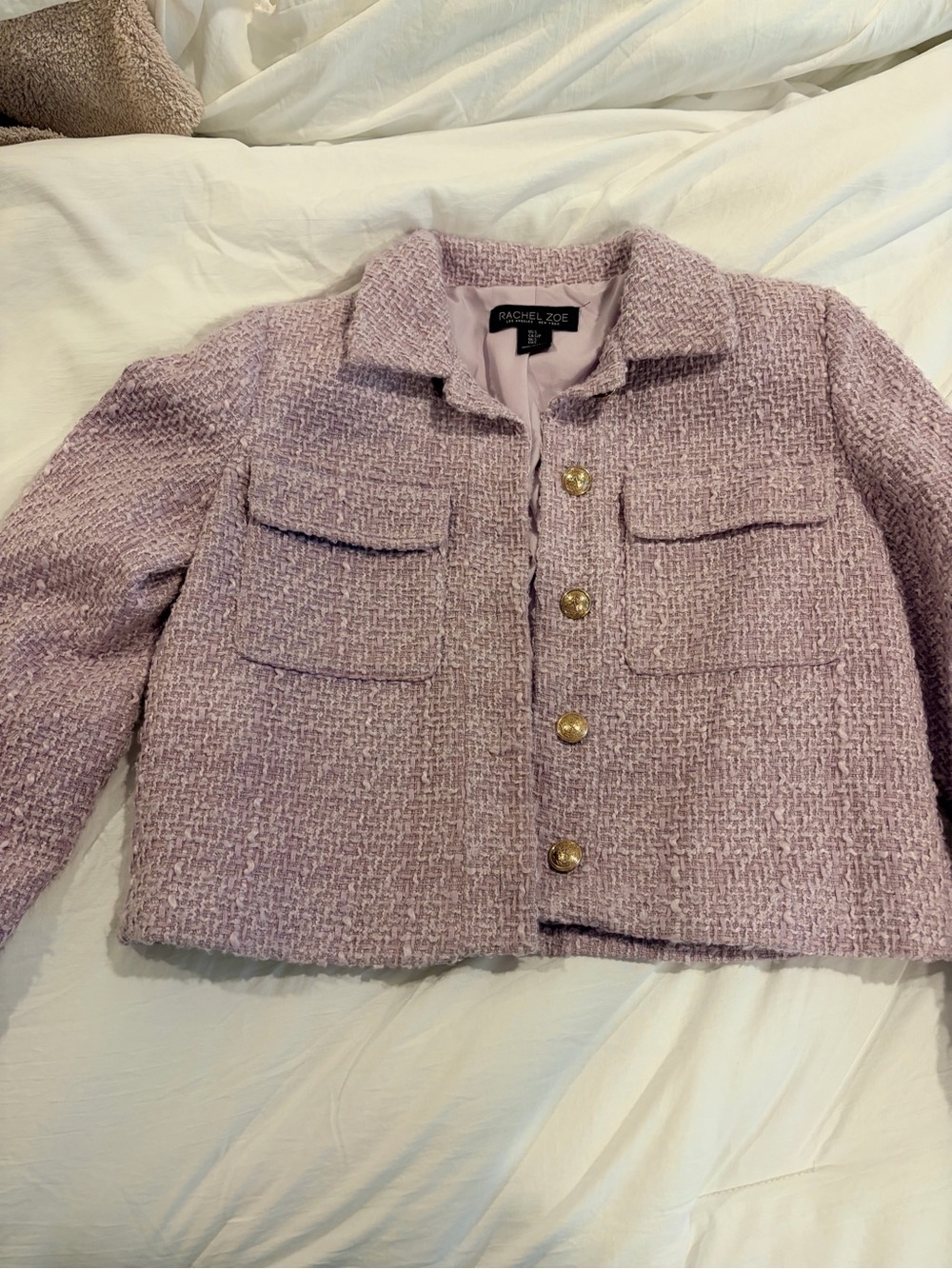Rachel Zoe Pastel Lilac Bouclé Boxy Jacket with Gold Buttons